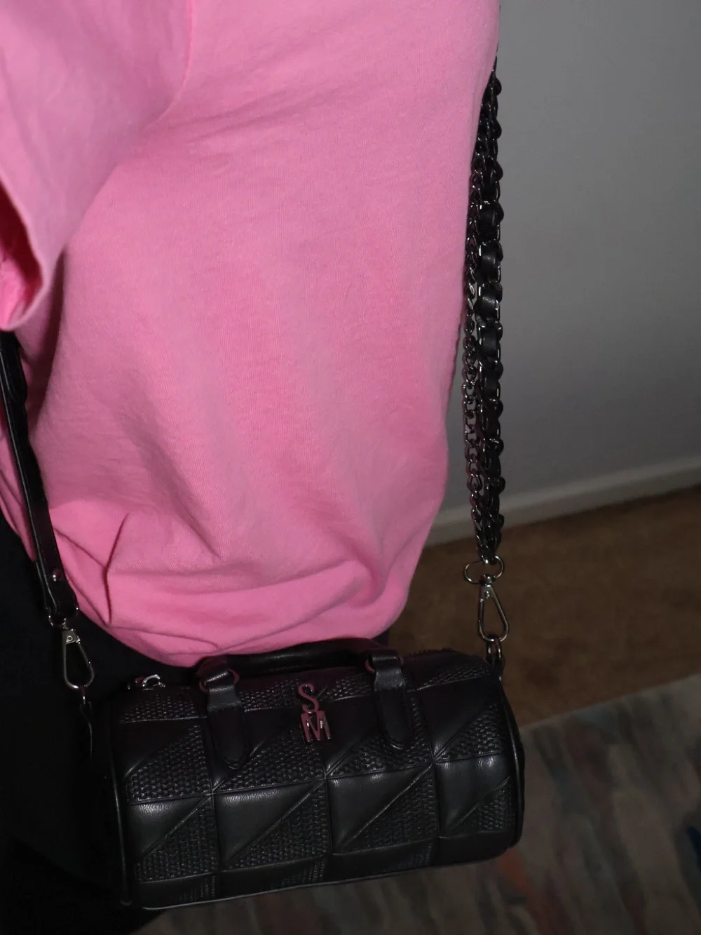 Steve Madden Black Quilted Leather Barrel Bag